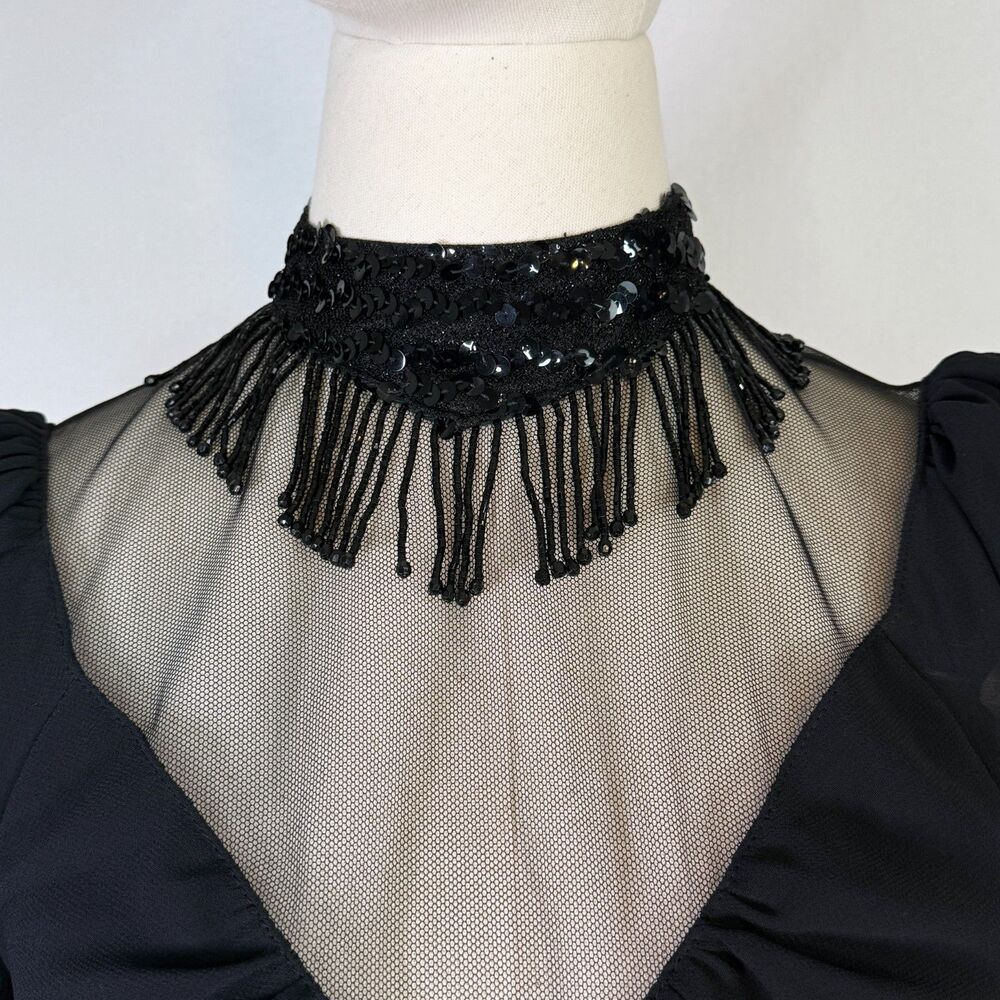 Vintage | New Leaf California Samir | Black Party Glam Goth Choker Dress | Sz 8 - Picture 3 of 12